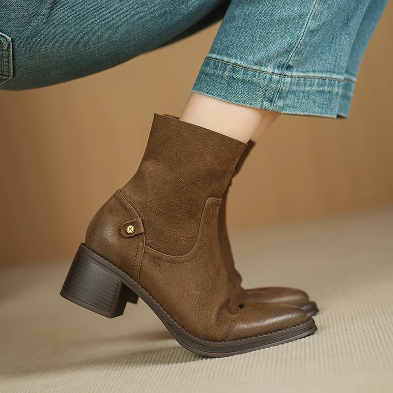 

2025 Autumn New Women Shoes Genuine Leather Shoes for Women Pointed Toe Zip Chunky Heel Boots Western Boots Retro Cowboy Boots
