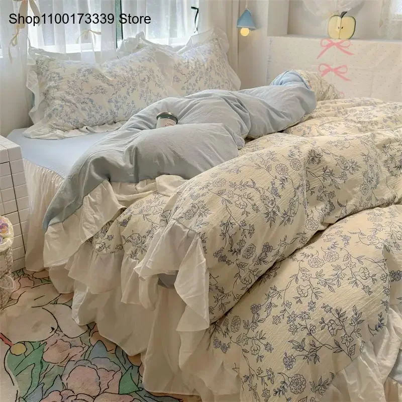 Pure Cotton Simple and Elegant Lace Four Piece Bed Skirt Creamy Korean Style Bed Sheet and Duvet Cover Bedding