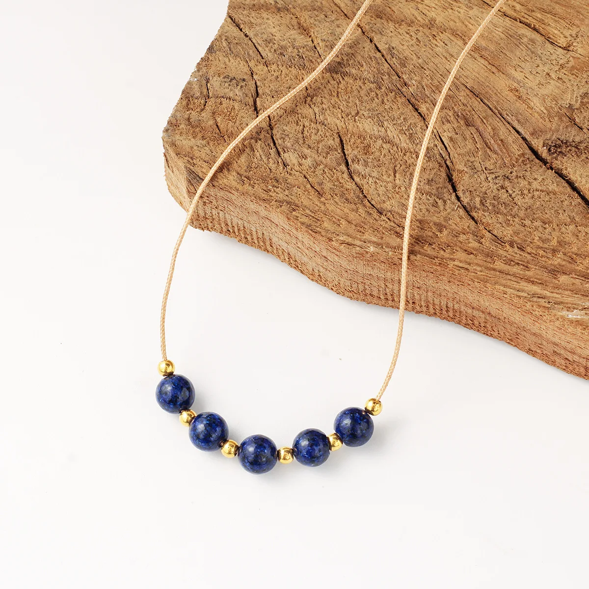 Round Lapis Lazuli Necklace Blue Lapis Lazuli Natural Stone Gold Plated Beaded Pendant Necklace Jewelry Women's Gift
