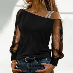 Sequin Print Blouse For Women Plus Size Mesh Long Sleeve Cold Shoulder Loose Splice Blouse Tops Summer Blouses For Women