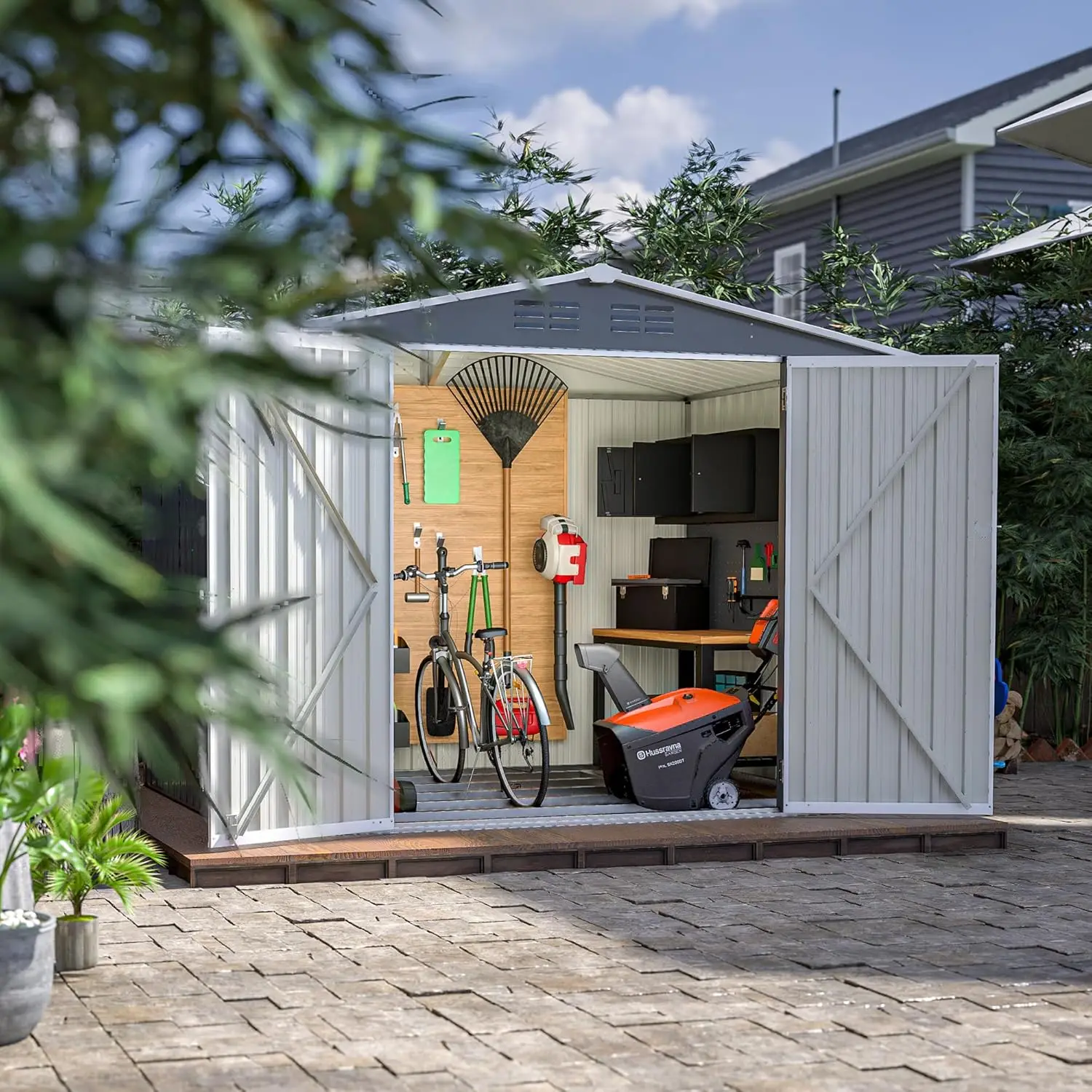 

8x6FT Waterproof Metal Garden Storage Shed Lockable Hinged Doors Air Vents Foundation Frame Backyard Lawn Customized