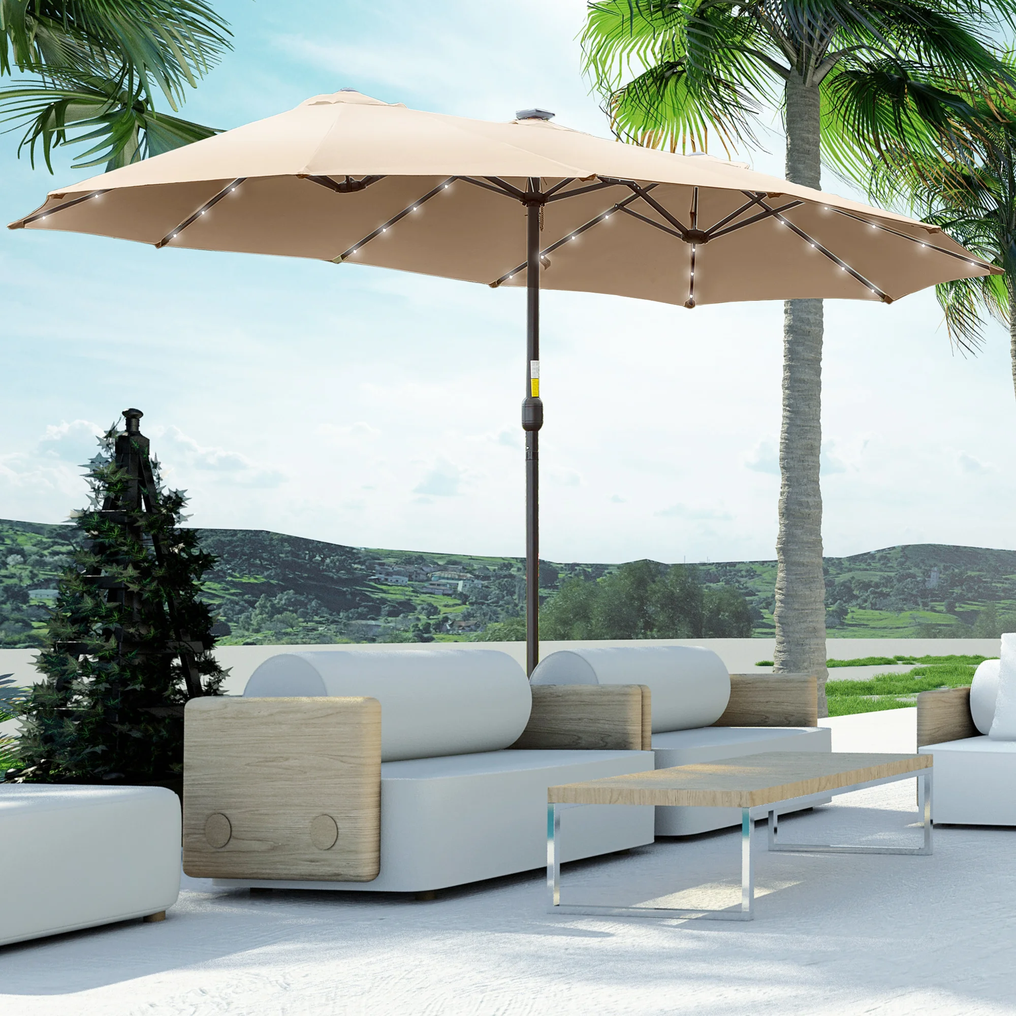 Parasol double Outsunny avec 48 lumières LED, 4,5 x 2,7 m, parasol de terrasse extérieur avec manivelle manuelle, résistant à l'eau et protection solaire, parasol pour jardin, terrasse, patio et piscine, kaki