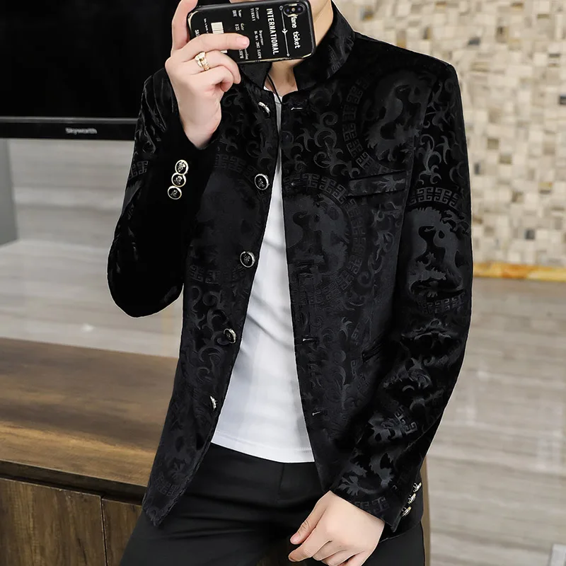 Veste en velours à col montant pour hommes, blazers de style chinois, coupe couvertes, décontracté, affaires, luxe, automne, hiver