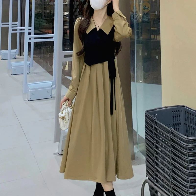 

French Style Long Sleeve Two-Piece Dress2025Autumn Winter New Plus Size Waist-Cinching Slimming Hepburn Style Long Dress