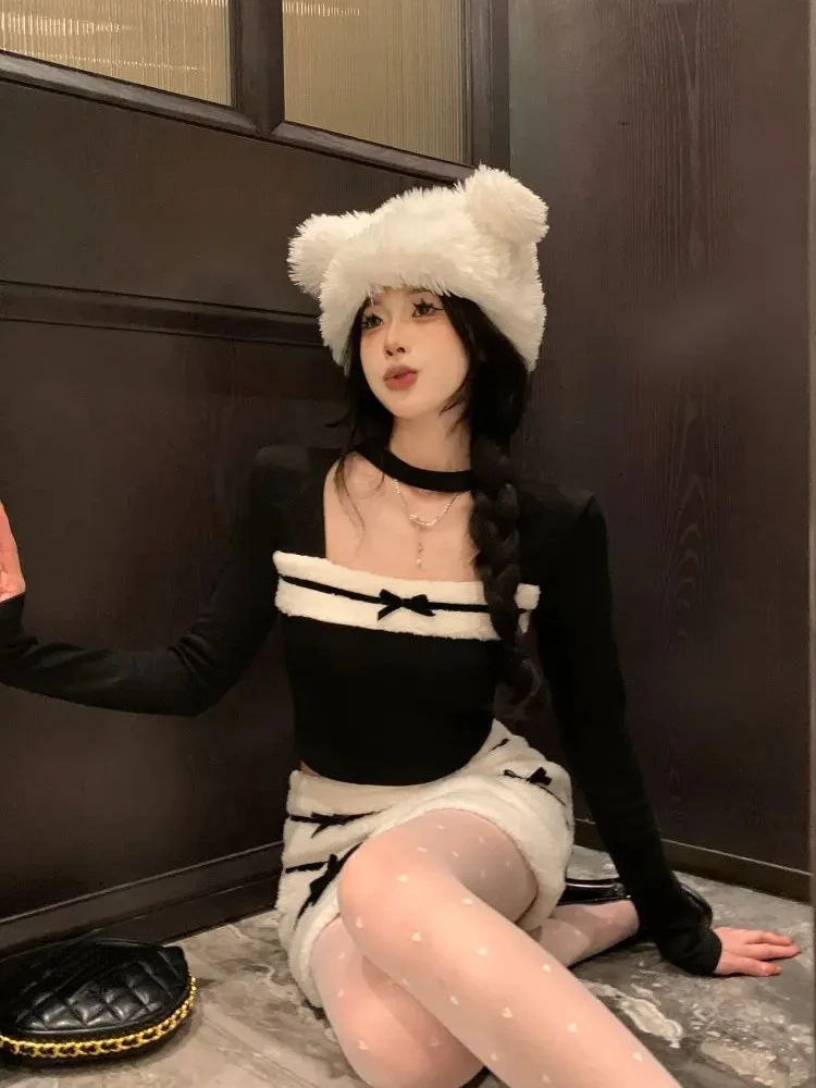 Winter Vintage Fluffy New 2 Piece Set Women Black Bow Pullover + Sweet Mini Skirt Sets Korean Fashion Design Y2k Skirt Suit 2024