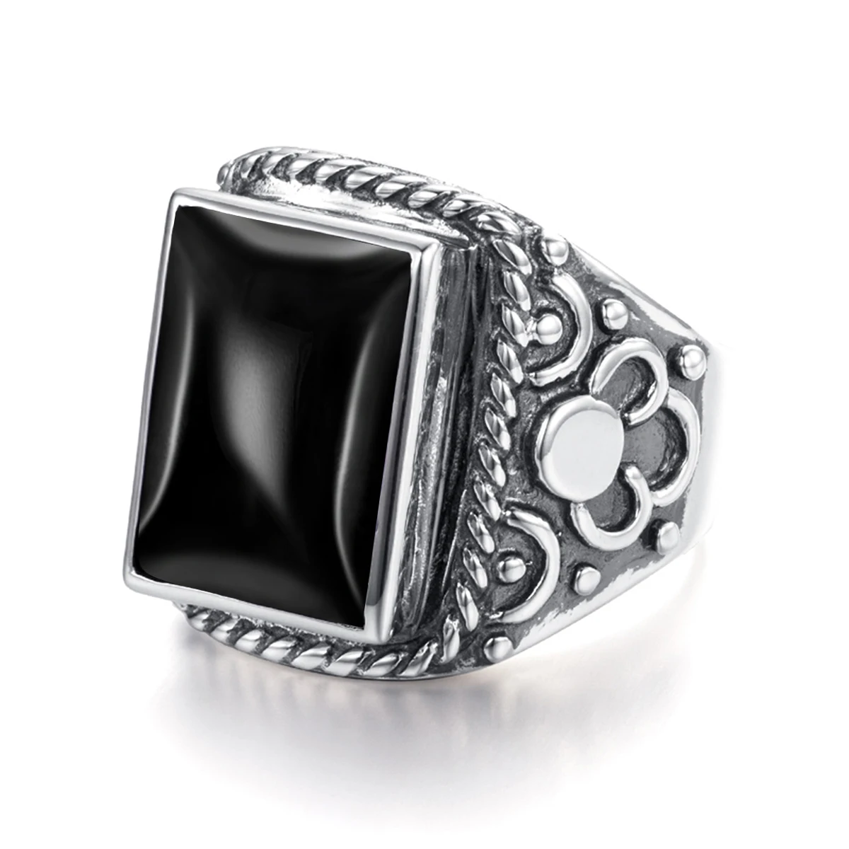 

New Retro Handmade 925 Silver Gemstone Rings for Men Vintage Carved Pattern Black Zircon Stone Banquet Party Rings Punk Jewelry