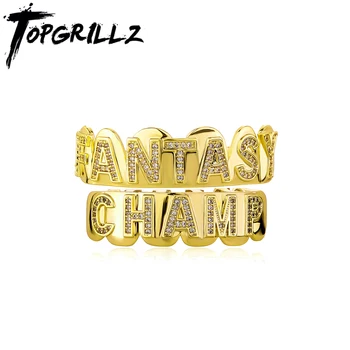 TOPGRILLZ Iced Out Bling Zircon Teeth Grillz &quot;Fancy Champion&quot; Letters Top &amp; Bottom Grillz Teeth Mouth Jewelry Set