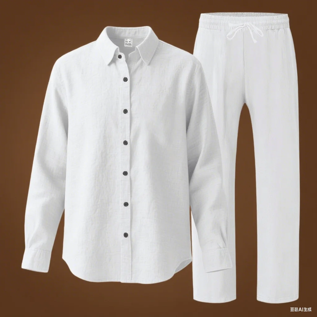 

Cross-border American Four Seasons Linen Men's Clothing Set Beach Thin Long Sleeve Shirt Set