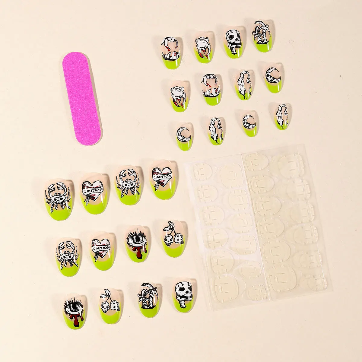 24pcs Halloween False Nails Fluorescent Green French Almond Fake Nails Y2k Short Oval Horror Skull Snake Design Finished Nails