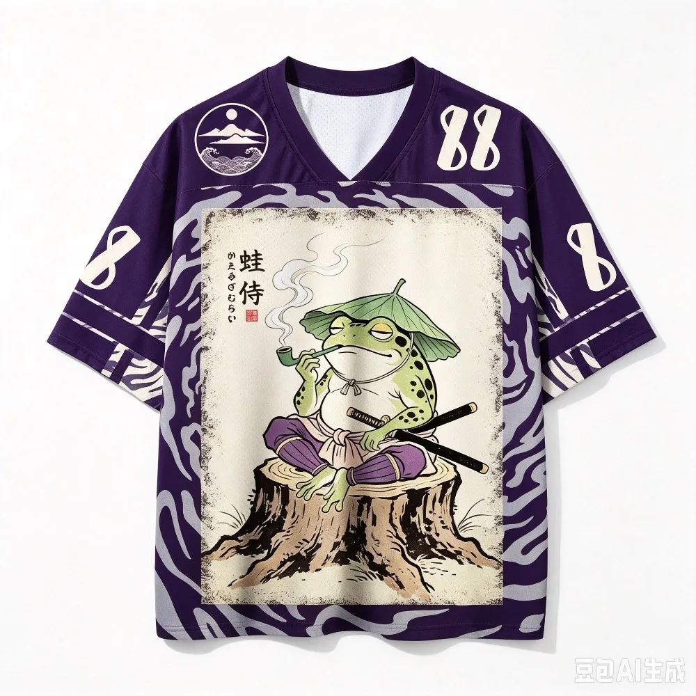Retro-T-Shirt im japanischen Ukiyo-e-Stil mit Krieger-Frosch-Muster, 3D-gedruckt, feuchtigkeitsableitend, V-Ausschnitt, locker geschnitten, lässig, für Erwachsene und Kinder, Streetwear. – Detail 7