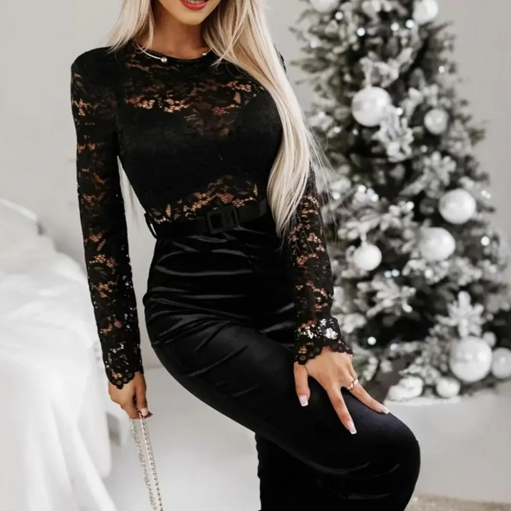 

For Women Patchwork O Neck Long Sleeves Backless Outfit With Belt Women Party Jumpsuit Hollow Out Lace Flower Embroidery Overall