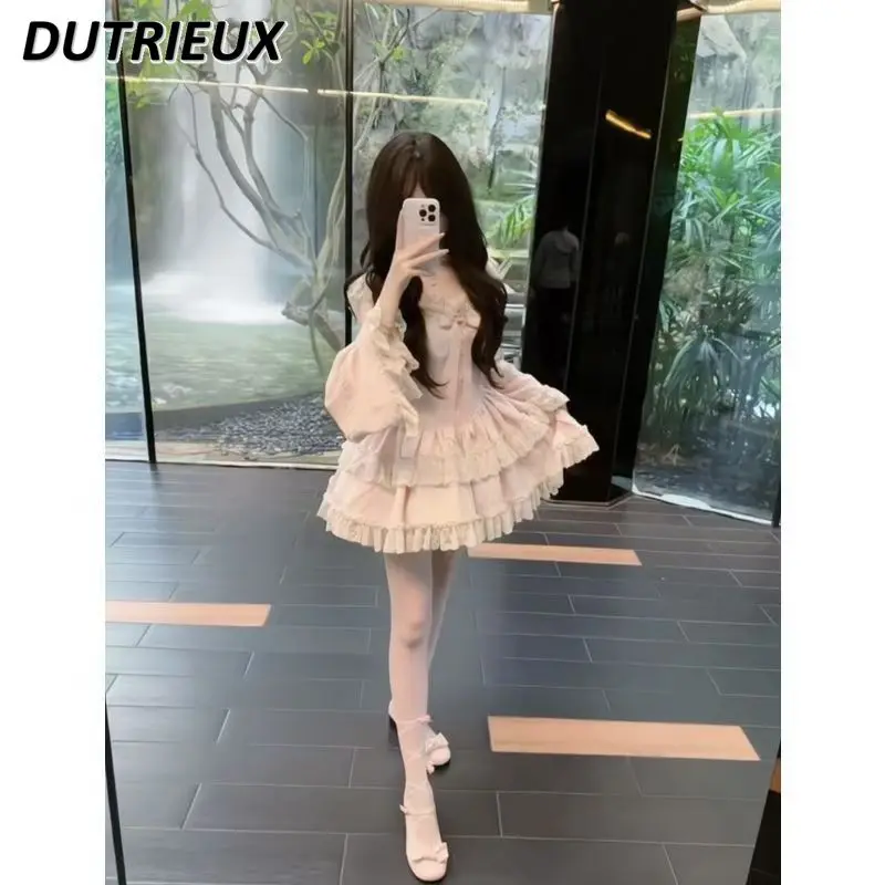 Autumn Gentle Wind Sweet Girlish Lolita Bow Ruffle Sleeve Dress Cute Lace Splicing High Waist Cake Puffy Short Dresses