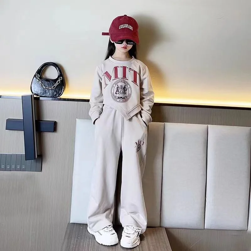 Girl Spring Casual Sets Kids Letter Prints Suit Children Fashion Irregular Tops+Sports Pants 2Pcs Teens Autumn Trends Clothes