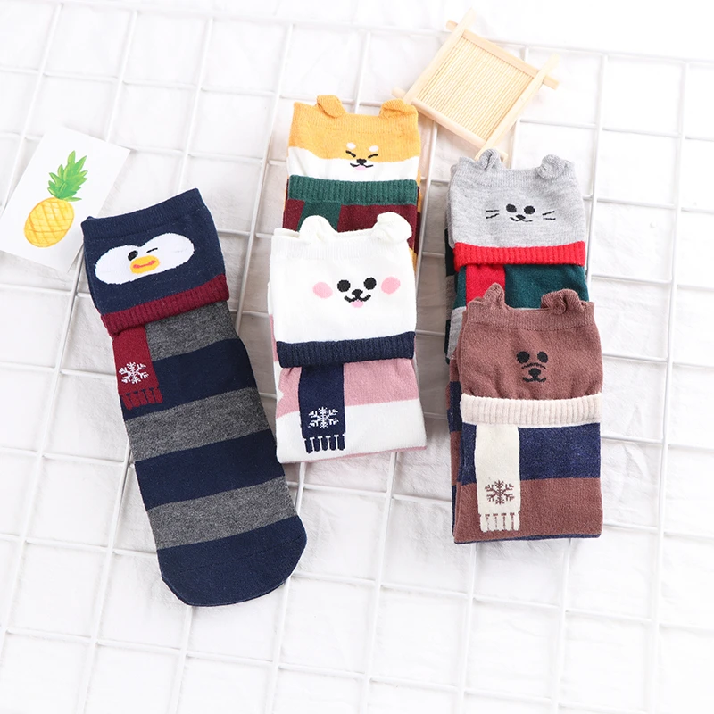 Kawaii Women Crew Socks Cartoon Cute Animal Cat Dog Bear Penguin Striped Spring Autumn Comfortable Female Casual Mid Tube Socks