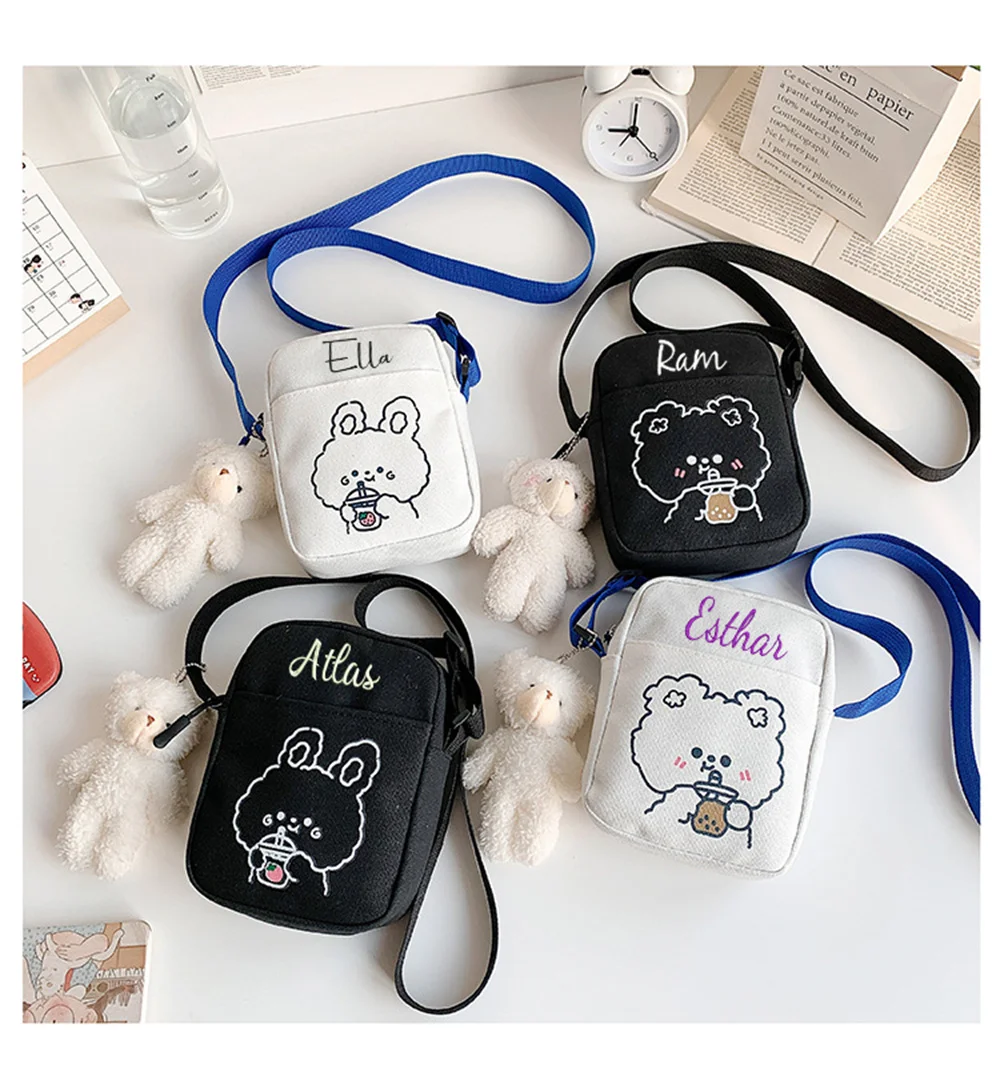 Personalized Embroidery Cute Bear Canvas Small Bag Korean Small Fresh Girl Messenger Bag Purses and Handbags Shoulder Women Bags