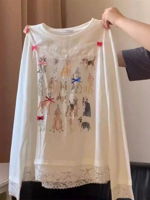 

American High Street Patchwork Lace Cartoon Long Sleeve T-Shirt Women Summer Loose Design Sense Sun Protection Cover up...