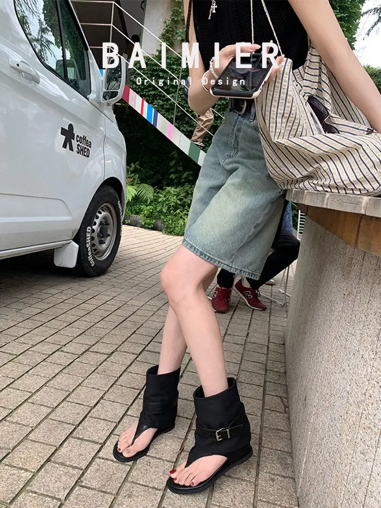 Vintage Color Block Toe Ring Sandals for Women, Fold-Over Suede Roman Boots with Belt Buckle, Flat Heel Gladiator Shoes for view 6