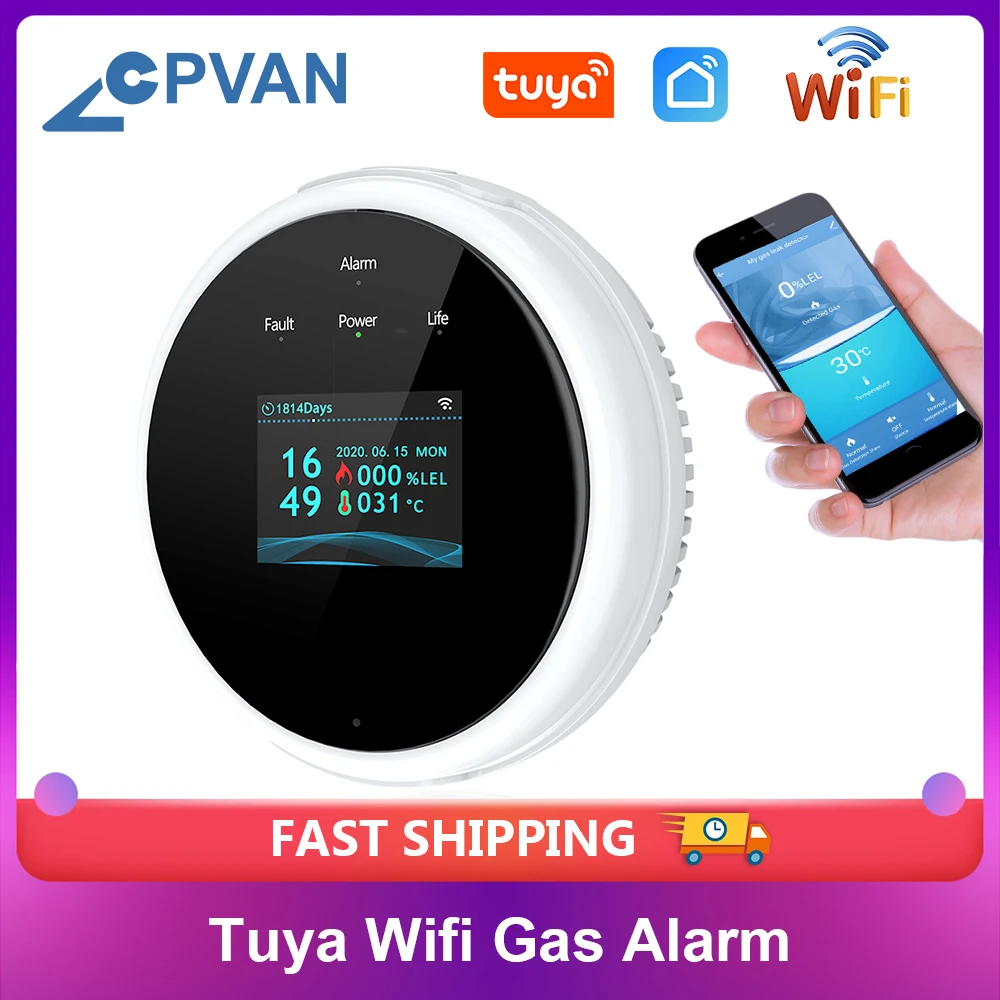 CPVAN Tuya Wifi Natural Gas Alarm Sensor LCD Display Combustible Gas Alarm Smart LPG Gas Leak Detector Work With Smart Life App