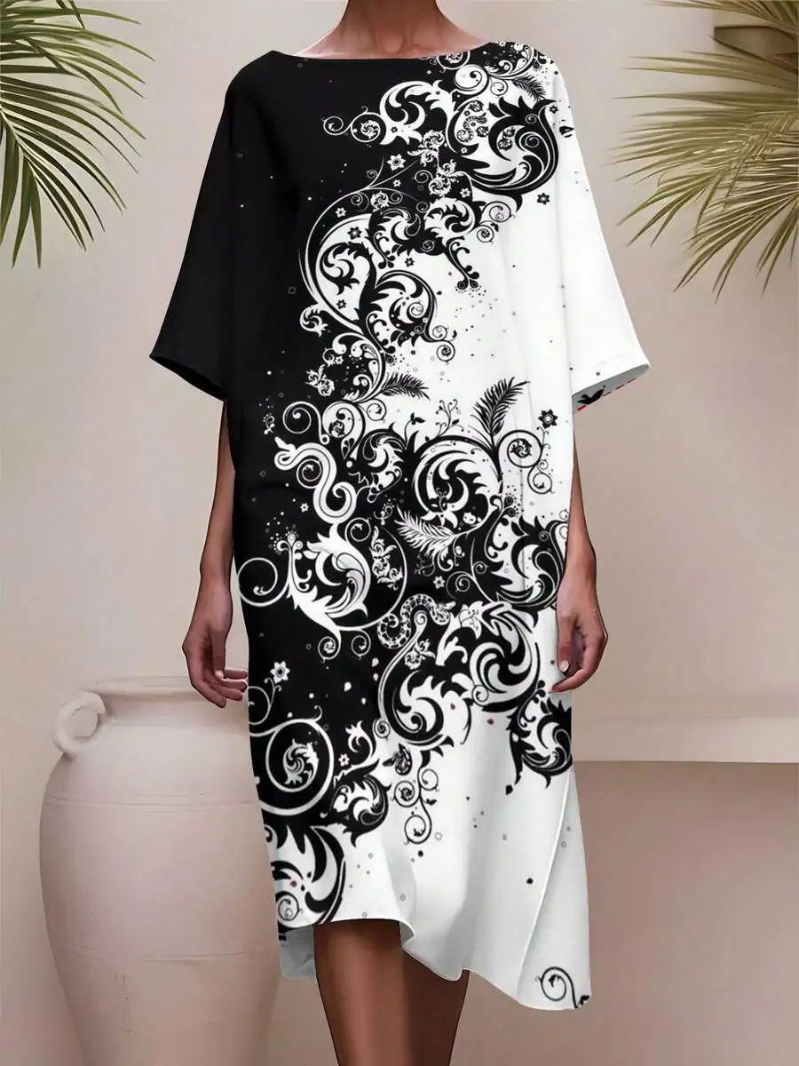 

Black And White Floral Swirl Print Womens Five-Quarter Sleeve Casual Dress