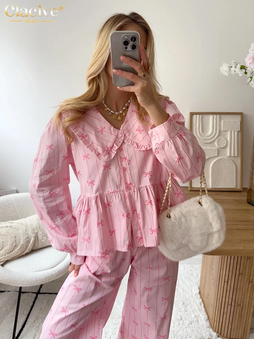 

Clacive модный свободный женский комплект из двух предметов с принтом 2025 элегантная рубашка с длинным рукавом и широкими брюками с высокой талией комплект женской уличной одежды