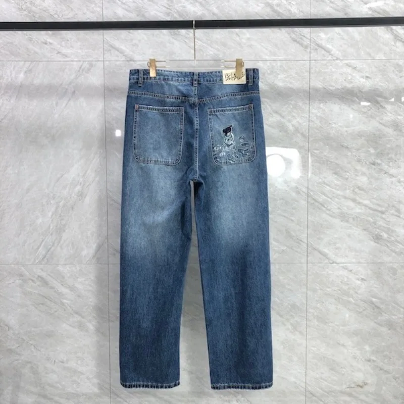 

High Street Denim Trousers Hip-hop Embroidered Fishpond Bear Pattern Printed Washed Derschutze Jeans Harajuku