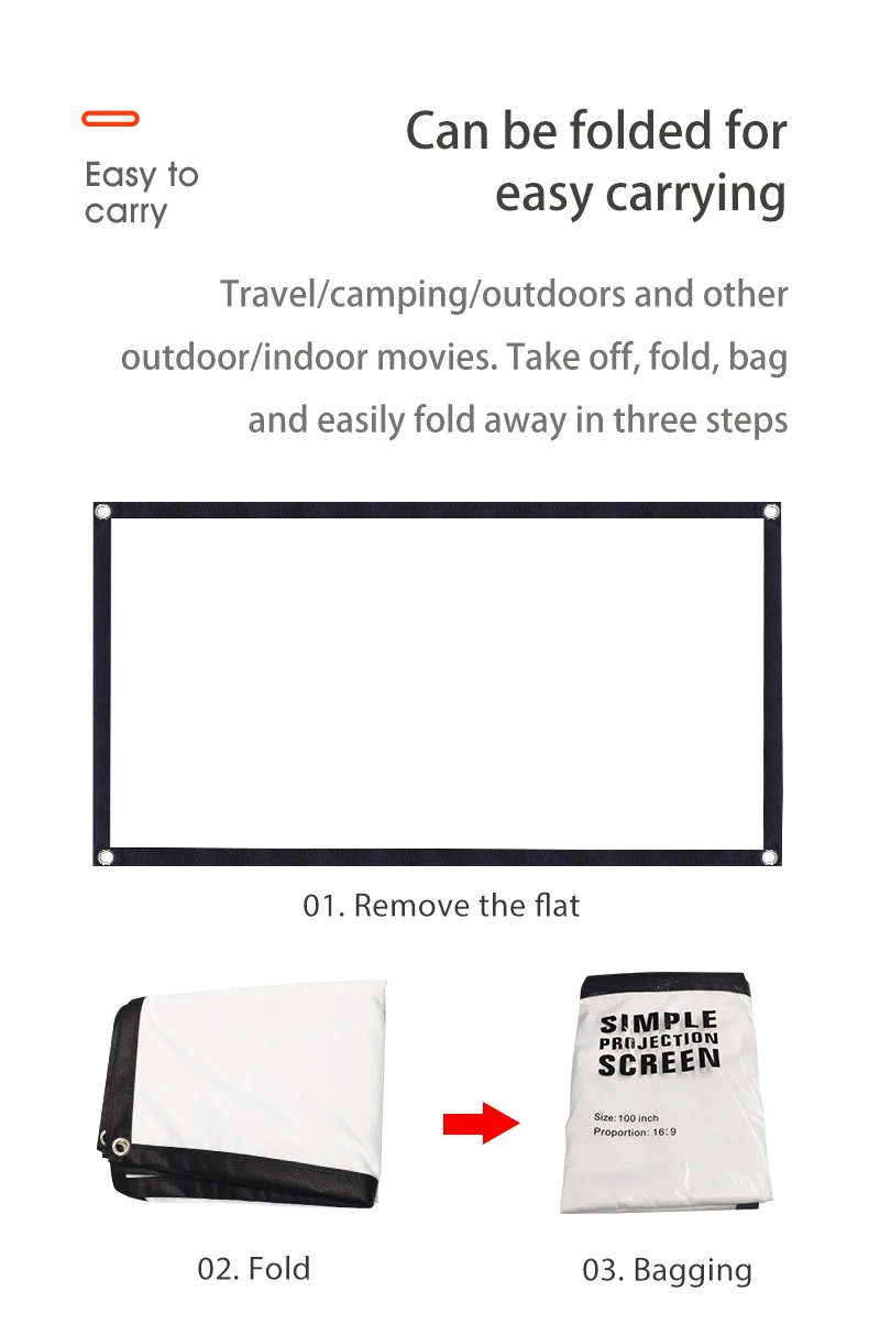 VEIDADZ Projector Screen White Less Creases 60-200 inch Soft High Density Portable Foldable Projection Screen for Outdoor Movie