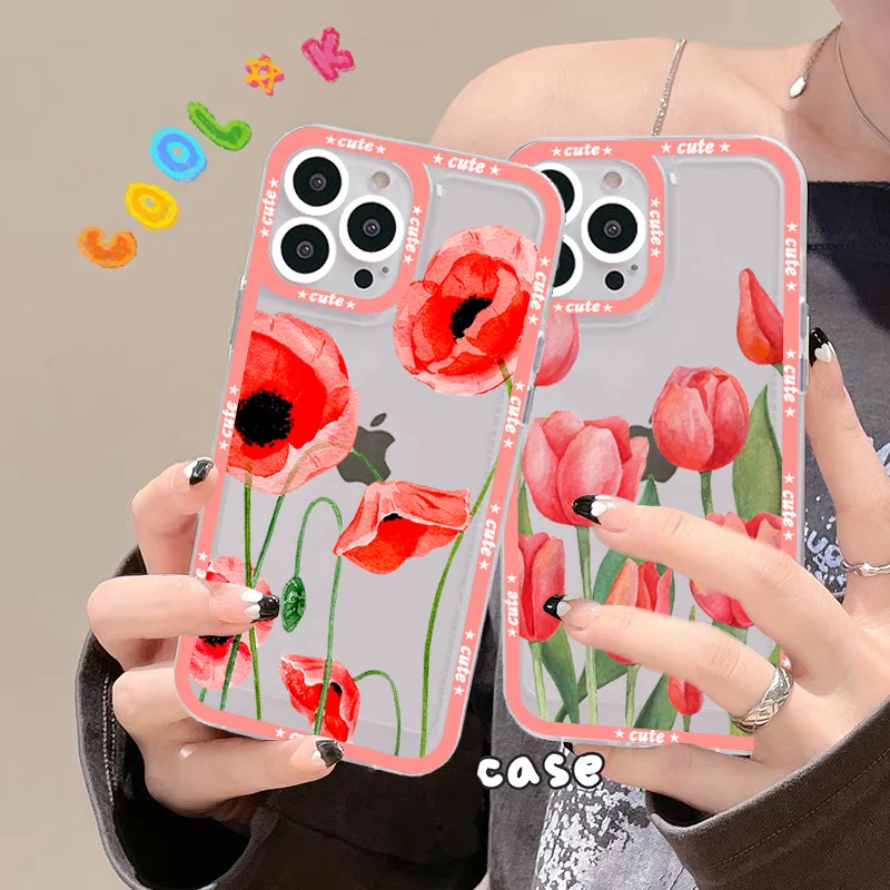 Red poppies tulip rose Phone Case for iPhone 11 12 13 Mini Pro Max 14 Pro Max Case shell