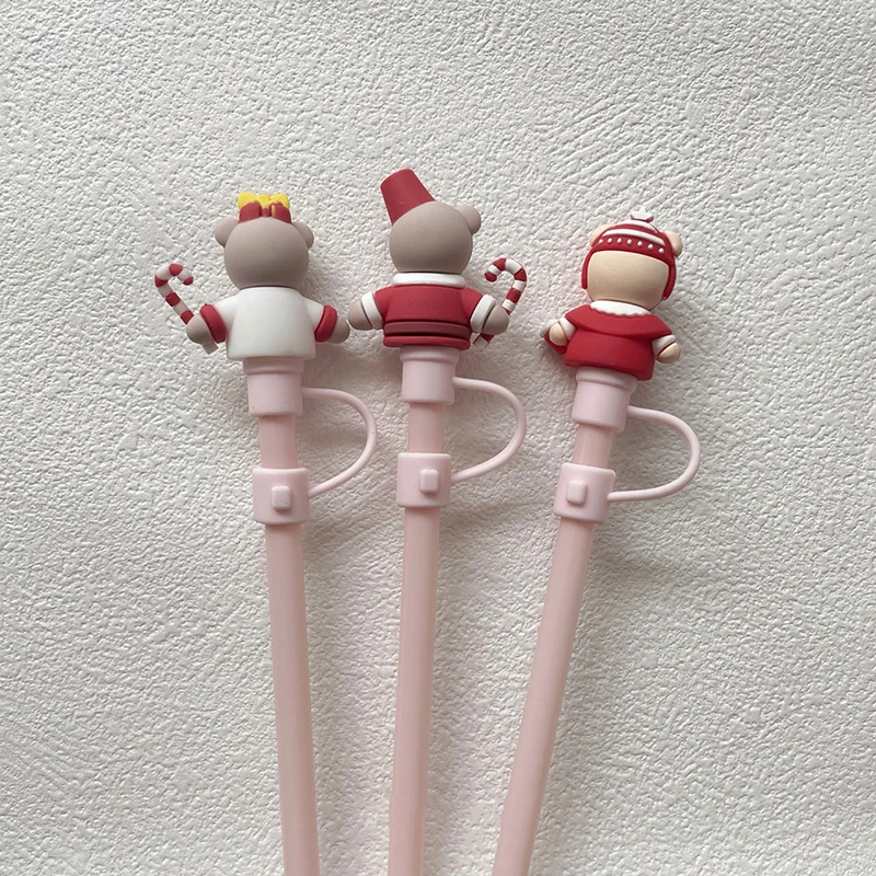 1PC Pink Strawberry Bear Silicone Straw Cap For 7-8mm Straw Water Cup Dust Plug Reusable Christmas Decoration Cup Accessories