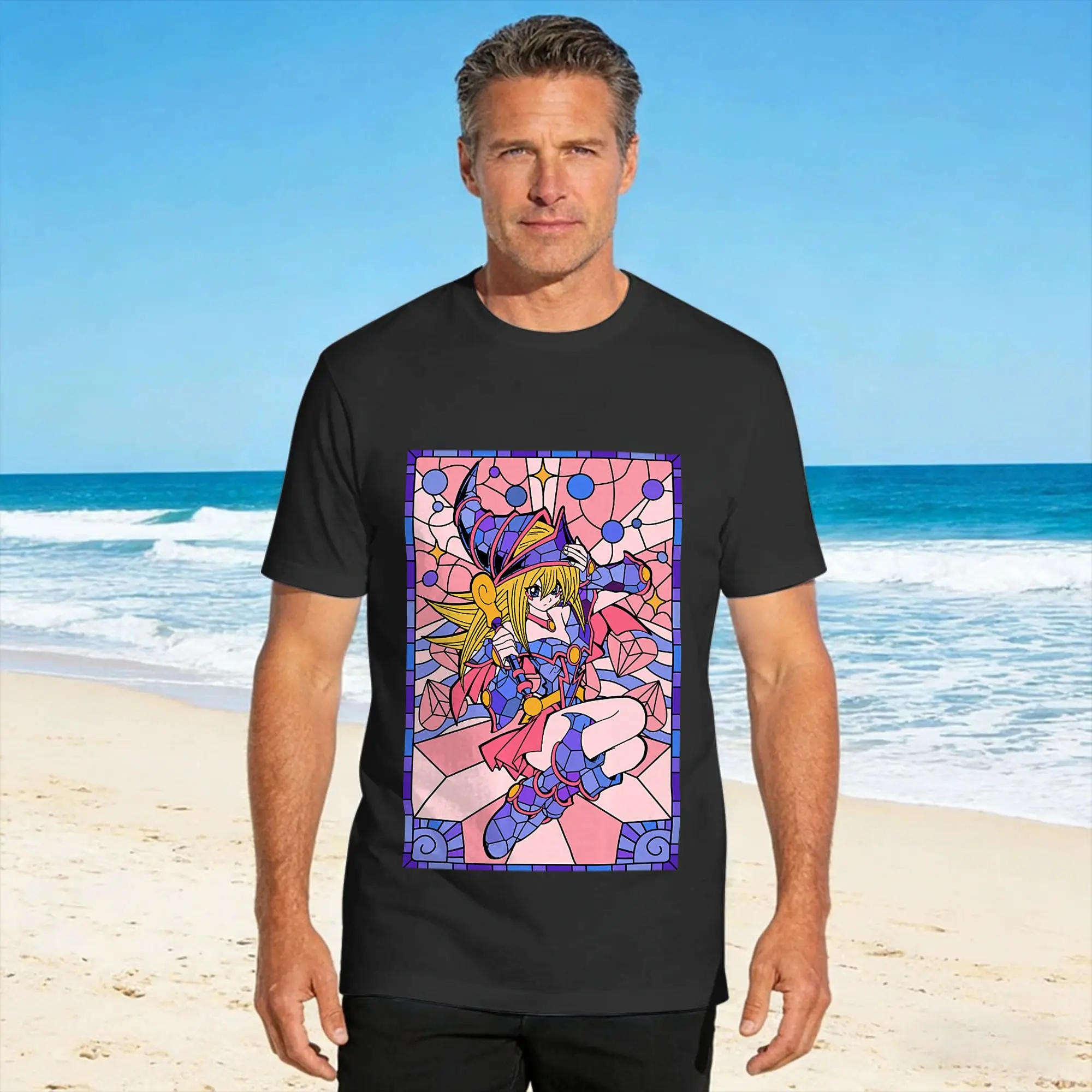 Dark Magician Girl Cute Stained Glass Anime T-Shirt Beach  Popular T Shirts Cotton O Neck Plus Size Clothes Short Sleeves Tops
