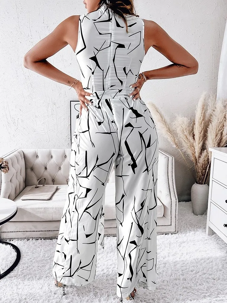 Streetkleding Jumpsuit Met Hoge Hals En Mode Rimpelprint Mouwloos Met Veters Tot Taille, Romeinse Zomer Jumpsuit Met Wijde Pijpen