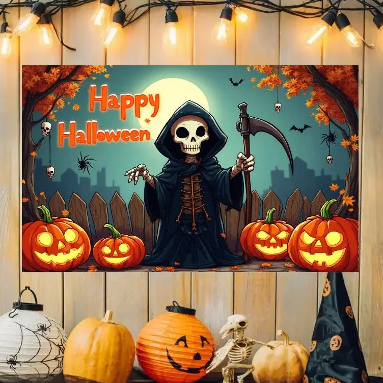 VIKAMA Happy Halloween Tapestry Grim Reaper Skeleton Pumpkin Bat Maple Wall Hanging Bedroom Dorm Holiday Party Decor Cloth