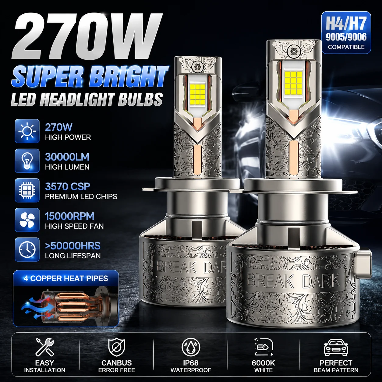 

270W LED Headlight Bulbs H4 H7 4 Copper Tube Car Headlamp 6000K White Hi Lo Beam Upgrade Pair