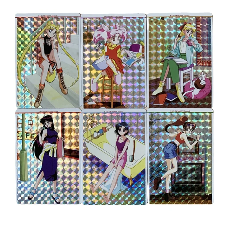 6Pcs/set Sailor Moon Fashion Series Small Set Plaid Refraction Flash Card Anime Game Characters Collection Cards Diy Gifts