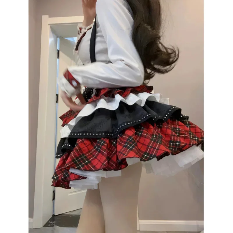 Plaid Patchwork Design Y2k Lolita Dress Sets Halloween Uniform Kawaii Mini Skirt Cosplay Anime Three Pieces Suit For Women