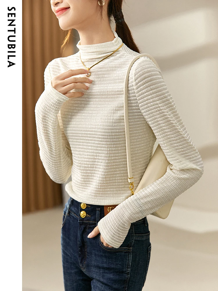 

SENTUBILA Lace T Shirts for Women 2024 Spring Fashion Half Turtleneck Elegant Basic Long Sleeve Women's Top Female Clothing