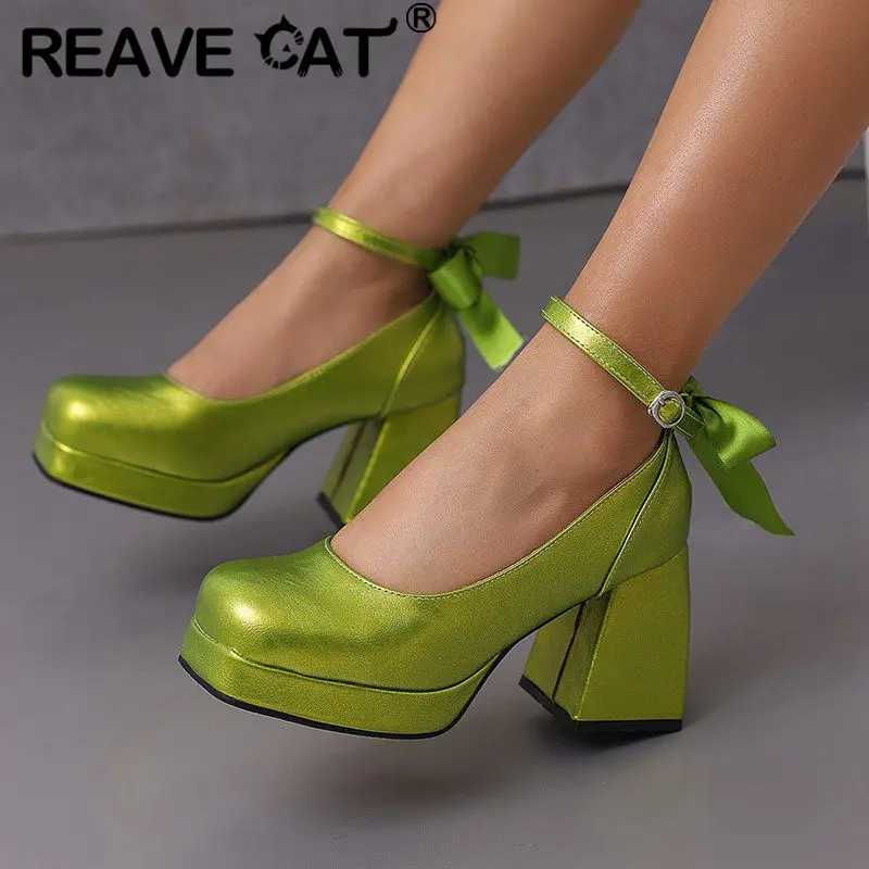 REAVE CAT Female Boots Toe Block Heels 9.5cm Platform 2cm Ankle Buckle Strap Bowknot Size 47 48 Fashion Party Shoes