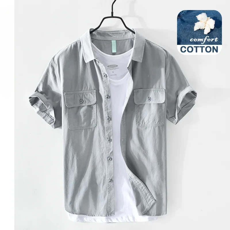 

Spring and Summer New Men Casual Cotton Short-sleeved Shirt White Green Safari Style Multi-pocket Grey Workwear DN151