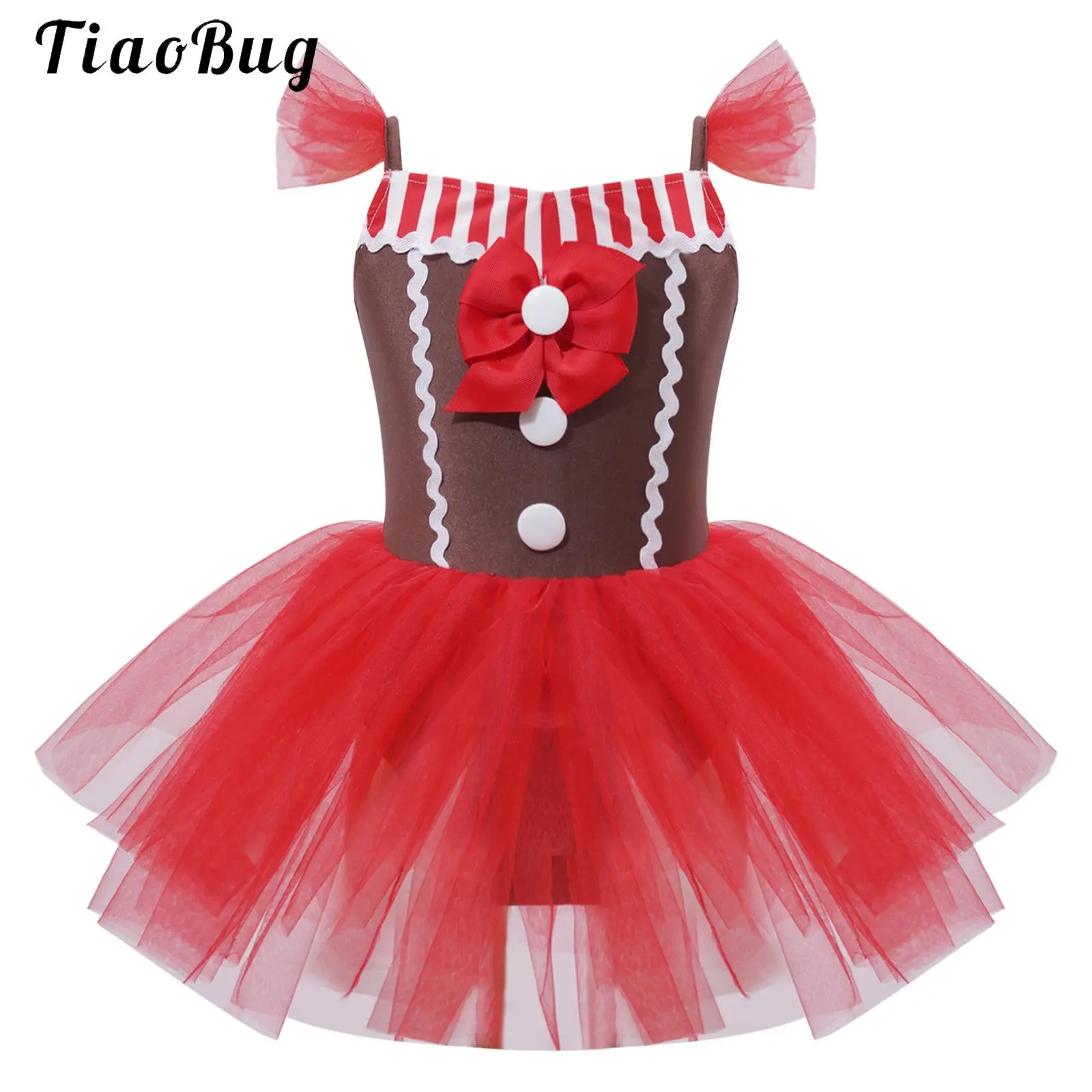 

Girls Christmas Gingerbread Man Costume Cute Party Dress Candy Cane Striped Bowknot Mesh Tutu Skating Ballet Leotard Dance Dress