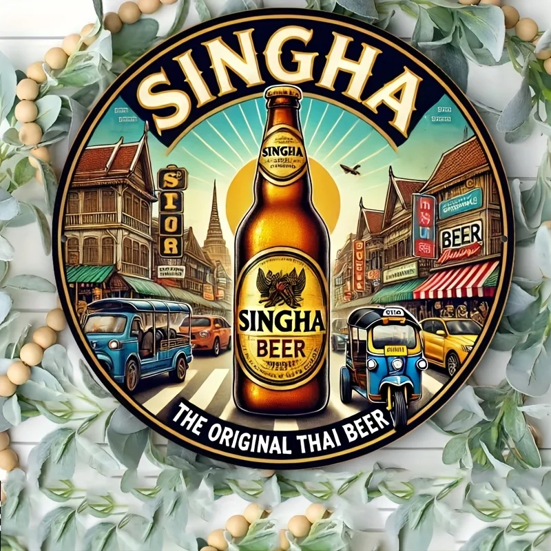 2D Flat, Singha Beer Vintage Metall-Wandkunst-Logo – Retro-Thai-Stadtlandschaftsdesign, langlebiges Aluminium, einfach aufzuhängen, perfekt für Café