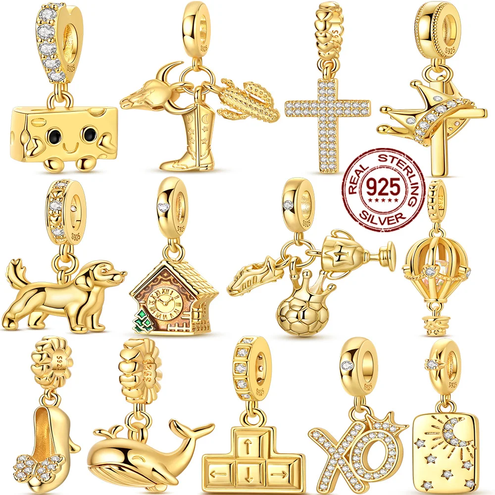 

925 Silver Golden Charm Bead Pendant Fit Original Bracelet Retriever Puppy Cheese Figurine DIY Woman Jewelry Gift