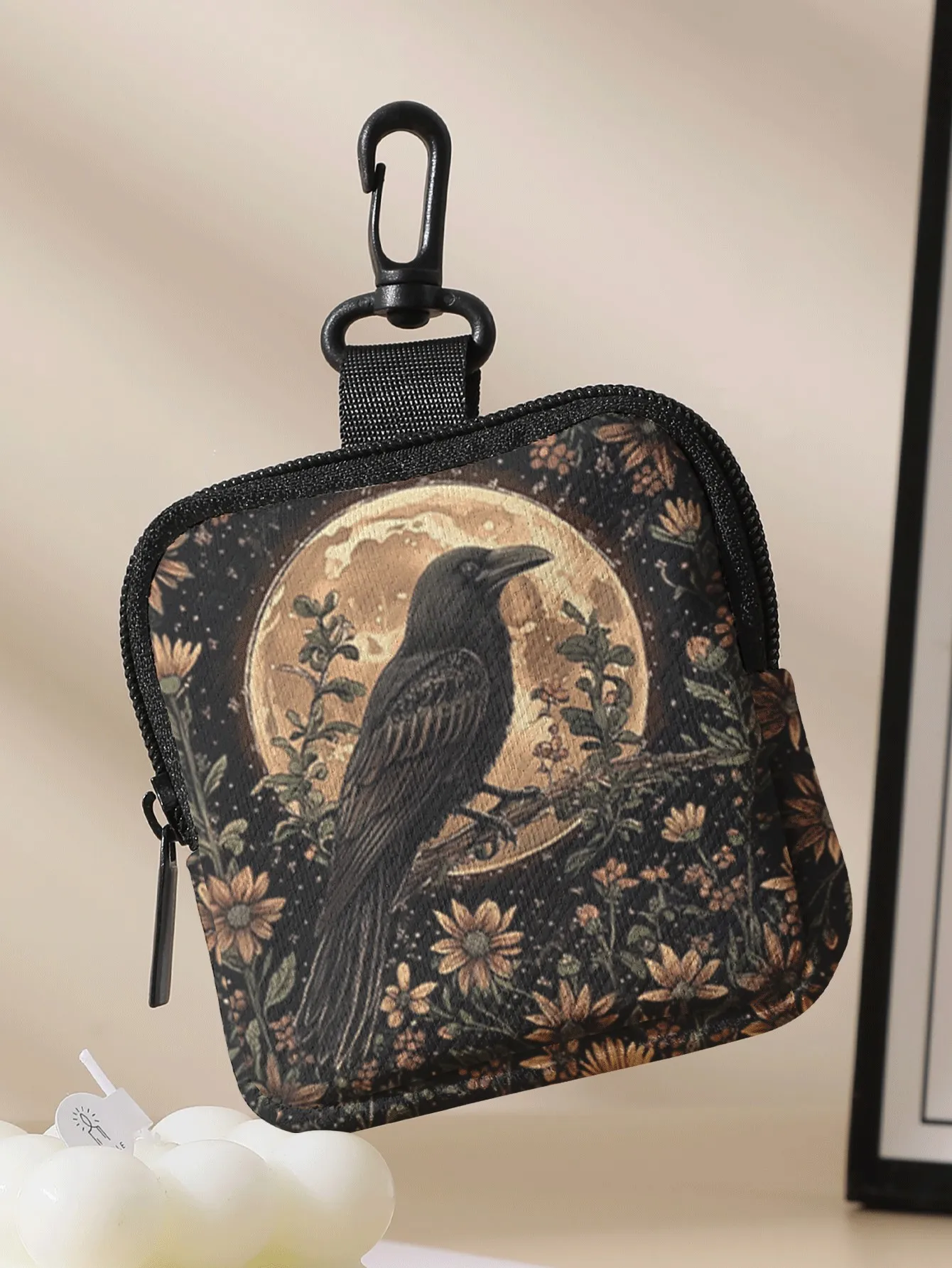 1pc, Portable coin purse with crow full moon wildflower vintage patterns, small storage bag for coins and small accessories