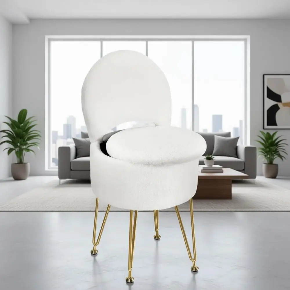 White Vanity Stool with Storage and Upholstered Back, 15.7 x 15.7 x 19.5, Suitable for Ottoman or Adults, 4 Metal Legs with Anti
