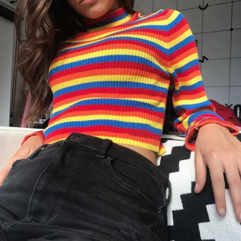 Womens Autumn Long Sleeve Turtleneck Sweater Colorful Rainbow Stripes Short Crop Dropship