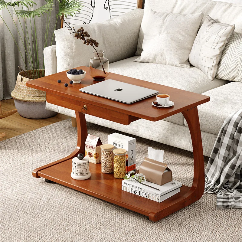 Bamboo Sofa Side Table Balcony Tea Table Movable Living Room Side Table Anti-Collision Bedside Stand Space-Saving Sofa Table New