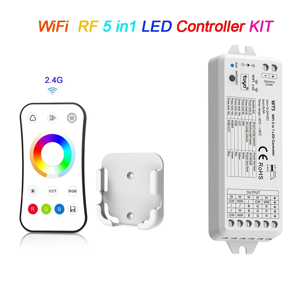 WiFi RF Smart LED Controller KIT 5 in 1 function Dimmer DC 12V 24V TUYA APP Smart Control For RGB CCT LED Strip With RF Remote