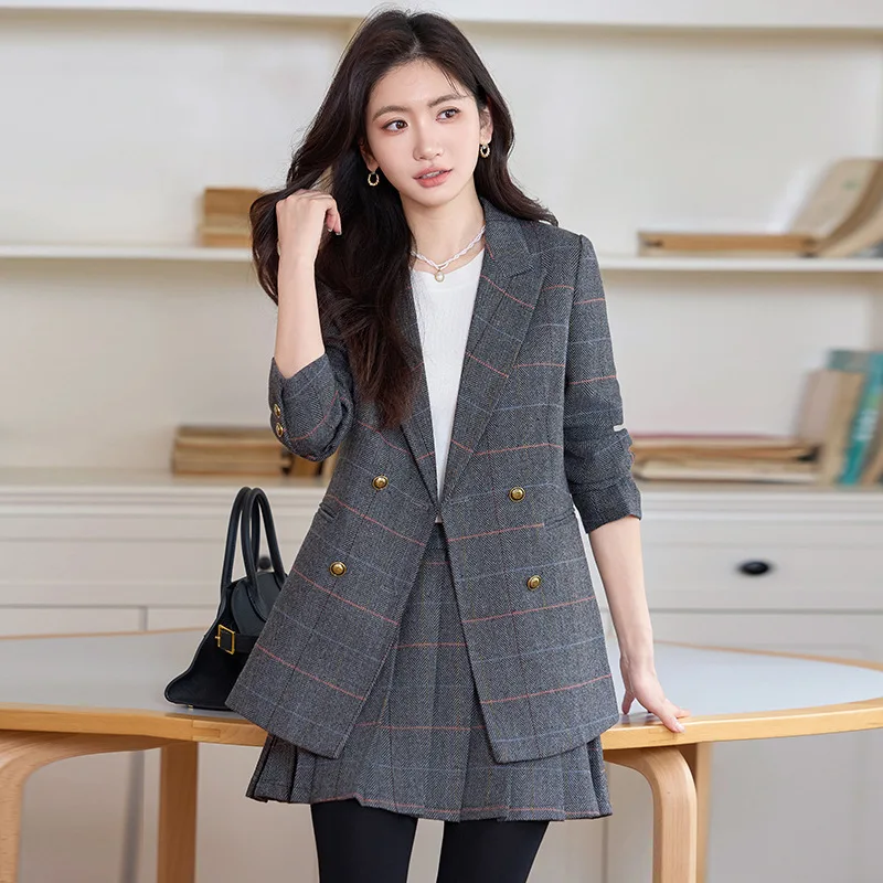 Spring and Autumn2025New College Style Pattern Suit Women Korean Fashion Pleated Skirt Wool Suit