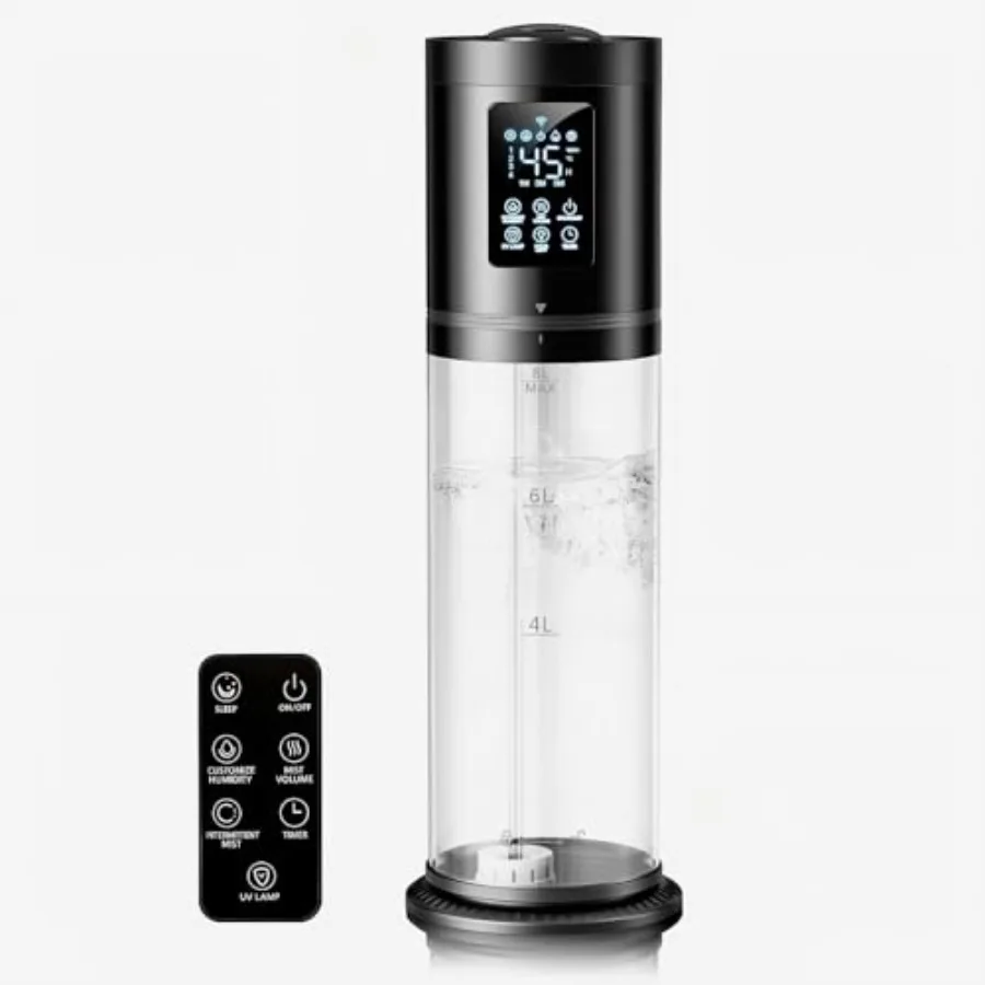 

Bedroom large room humidifier: 8L cool mist clear tank 4-level control 7-color lights essential oil diffuser 16H timer top-fill