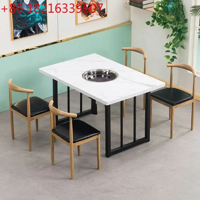 TAO New hot pot barbecue shop smokeless induction cooker integrated table and chairs commercial 4-person marble table