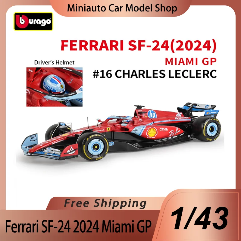 En Stock, Bburago F1 1:43, Ferrari SF-24 2024 GP de Miami, Modelo a Escala de Aleación Fundida a Presión, Fórmula 1, Ferrari # 16 # 55 Juguetes Personalizados de Regalo
