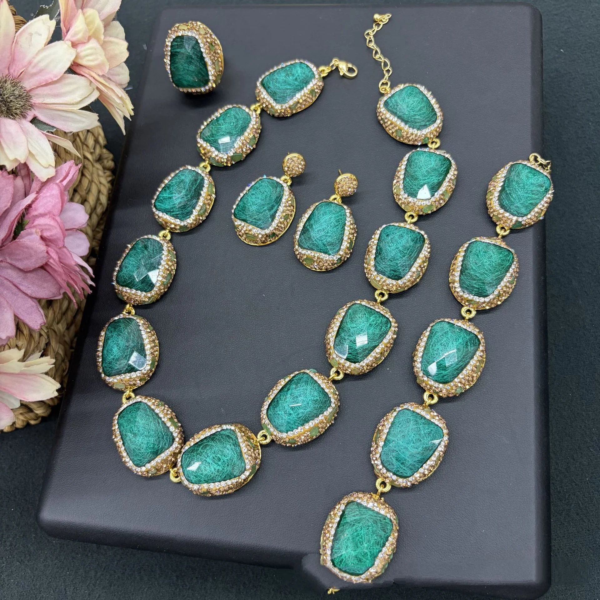 Elegant Women Charm 4Pcs Jewelry Set Necklace Ring Stud Earrings Bracelet Fashion Versatile Ornament Daily Party Accessory Gift